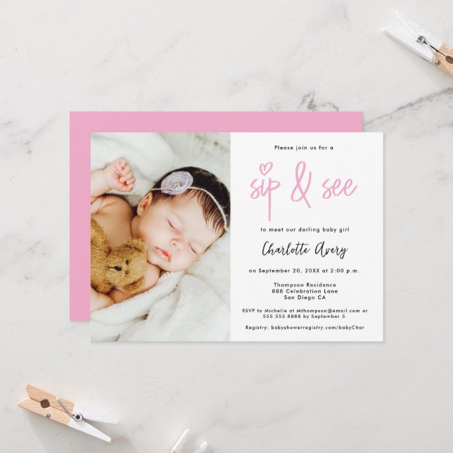 Personalized Photo Sip and See Baby Girl Shower Inbjudningar (Fram/Back In Situ)