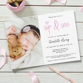 Personalized Photo Sip and See Baby Girl Shower Inbjudningar