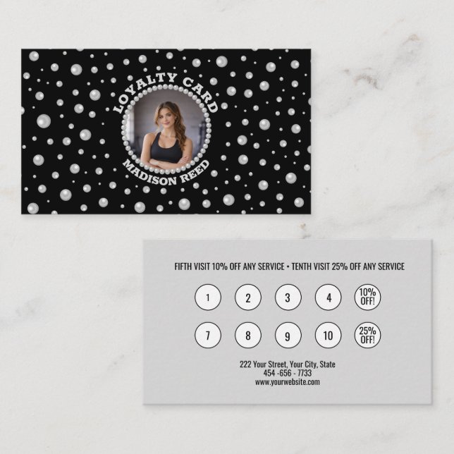 Personalized Photo with Pearls Circle on Black Lojalitetskort (Fram/baksida)