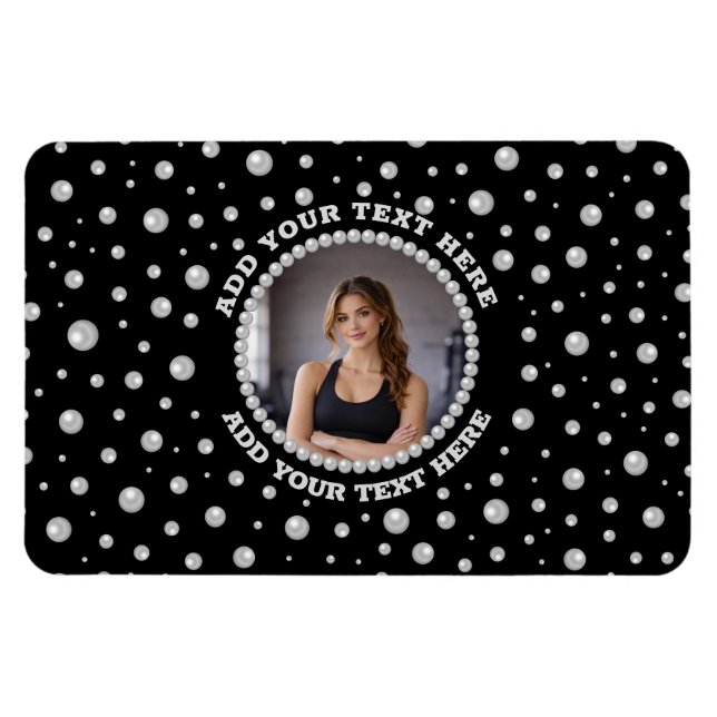 Personalized Photo with Pearls Circle on Black Magnet (Horisontell)