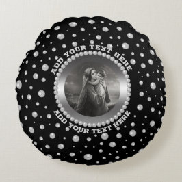 Personalized Photo with Pearls Circle on Black Rund Kudde