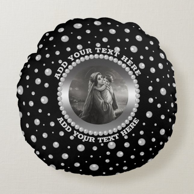 Personalized Photo with Pearls Circle on Black Rund Kudde (Framsidan)