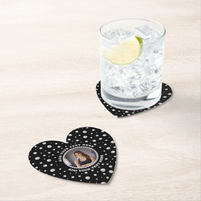 Personalized Photo with Pearls Circle on Black Underlägg Papper (Insitu)