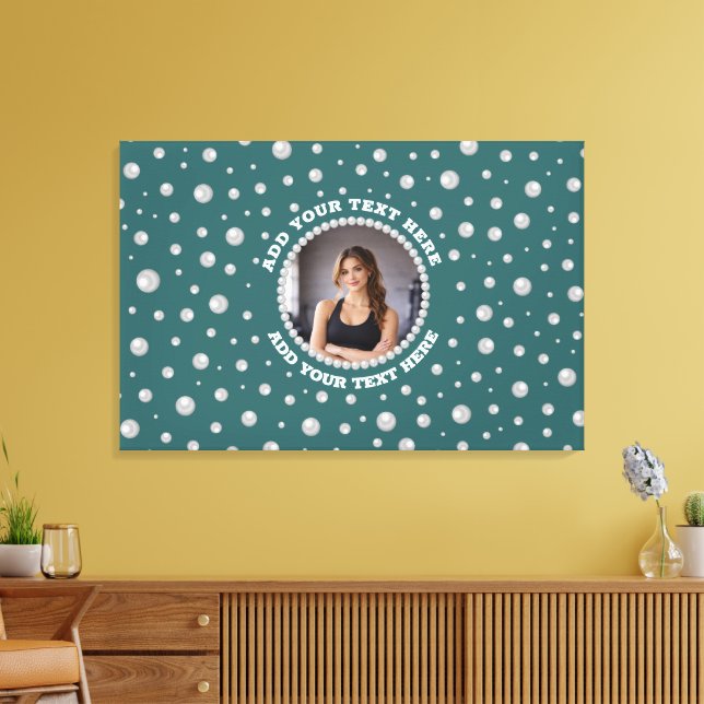 Personalized Photo with Pearls Circle on Teal Canvastryck (Insitu (Vardagsrum))