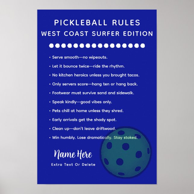 Personalized Pickleball Rules West Coast Surfer Poster (Framsidan)