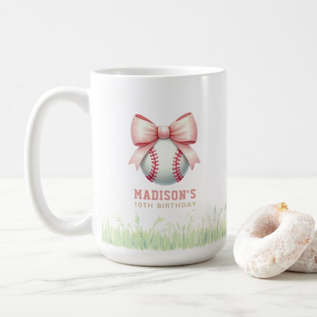 Personalized Pink Baseball Girl Bow Kaffemugg (Med munk)