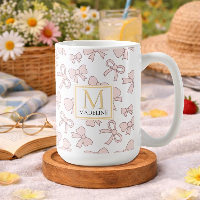 Personalized Pink Bow Girl Cute Gold Monogram Name Kaffemugg (Skapare uppladdad)