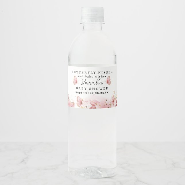 Personalized Pink Butterfly Water Bottle Label Vattenflaskor Etikett (Framsida)