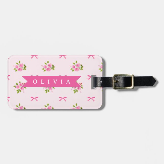 Personalized Pink Coquette Girly Bow Floral Name Bagagebricka (Horisontell Framsida)