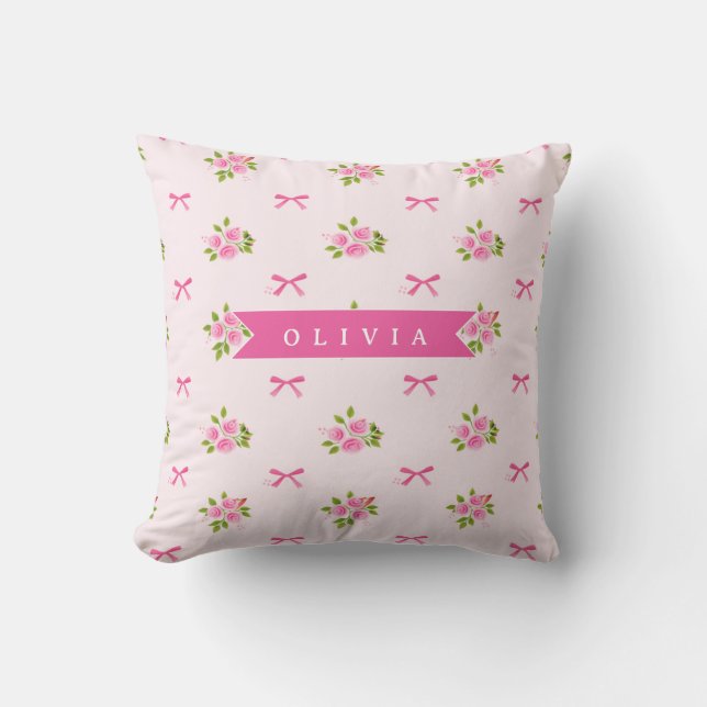 Personalized Pink Coquette Girly Bow Floral Name Kudde (Framsida)