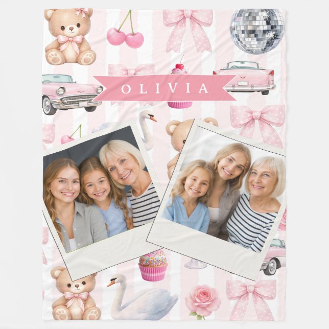 Personalized Pink Coquette Retro Cute Teddy Bear  Fleecefilt (Framsidan)