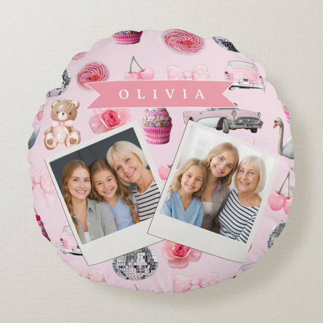 Personalized Pink Coquette Retro Cute Teddy Bear  Rund Kudde (Framsidan)