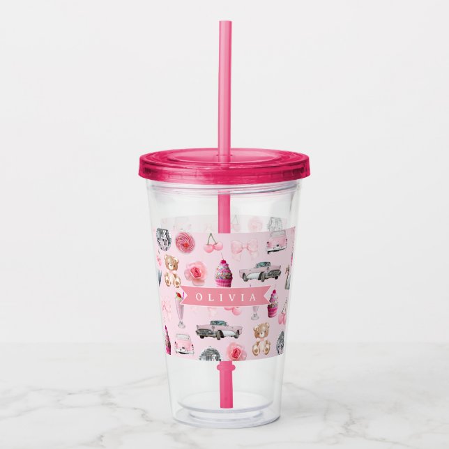 Personalized Pink Coquette Retro Cute Teddy Bear  Take Away Mugg (Framsida)
