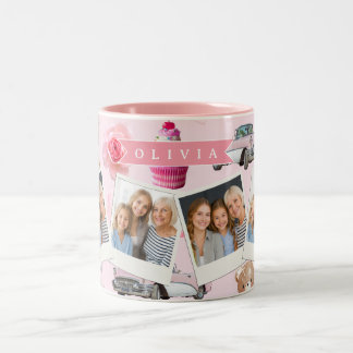Personalized Pink Coquette Retro Cute Teddy Bear Två-Tonad Mugg