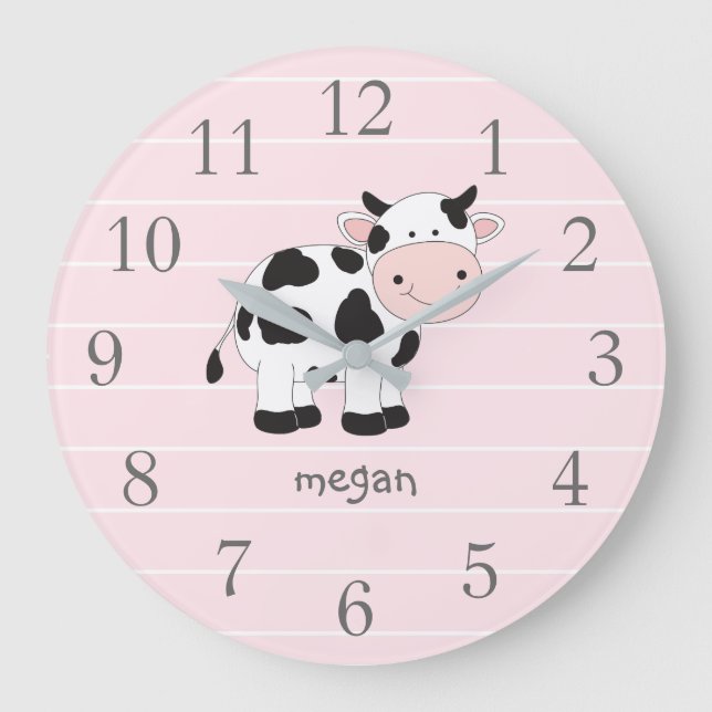 Personalized Pink Cow Nursery Wall Clock Stor Klocka (Framsida)