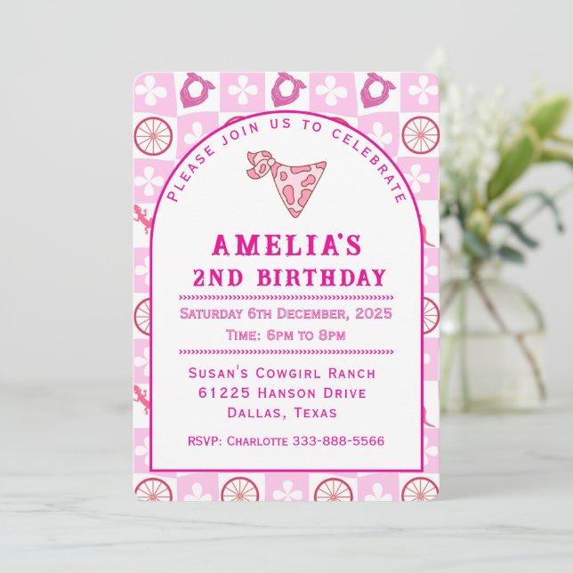 Personalized Pink Cowgirl Birthday Party  Inbjudningar (Stående Fram)