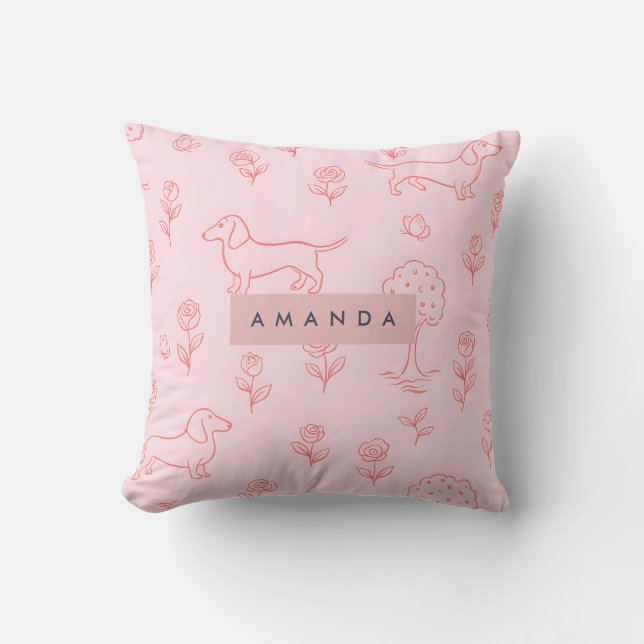 Personalized Pink Dachshund and Flower Kudde (Framsida)