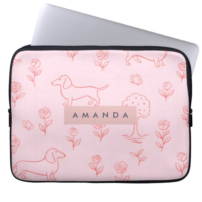 Personalized Pink Dachshund and Flower Laptop Fodral (Framsidan)