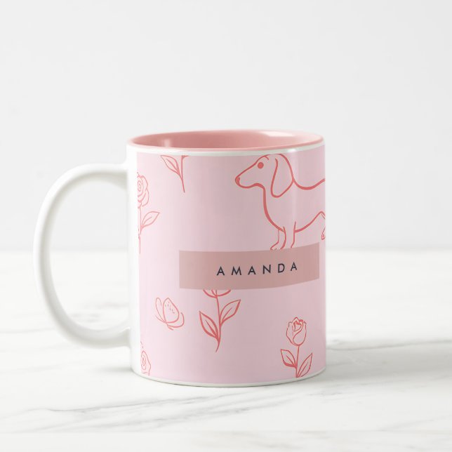 Personalized Pink Dachshund and Flower Två-Tonad Mugg (Vänster)