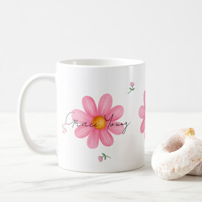 Personalized Pink Daisy Floral Name Custom Design Kaffemugg (Med munk)
