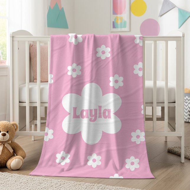 Personalized Pink Daisy Name Fleece Blanket (Skapare uppladdad)