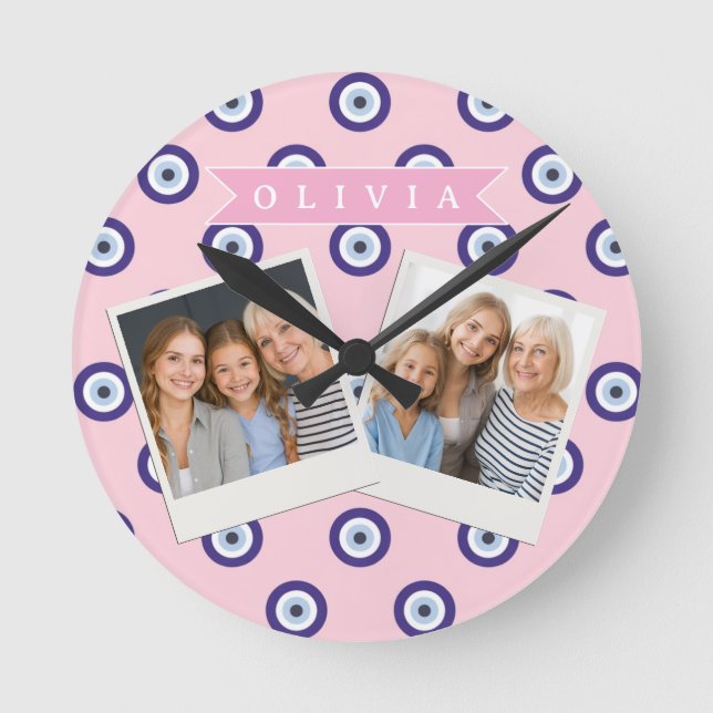 Personalized Pink Evil Eye Pattern Gifts With Name Rund Klocka (Framsida)
