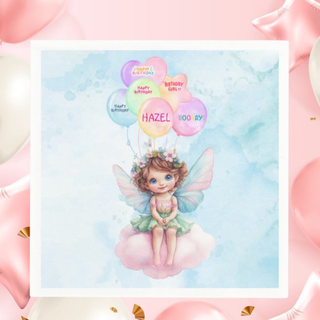 Personalized Pink Fairy on Cloud Birthday Napkin  Pappersservett (Personalized Fairy on a Cloud Birthday Napkin – Pink & Blue Watercolor Party Decor with Balloons

)
