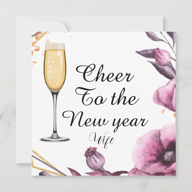 Personalized pink floral champagne glass typograph julkort (Framsida)