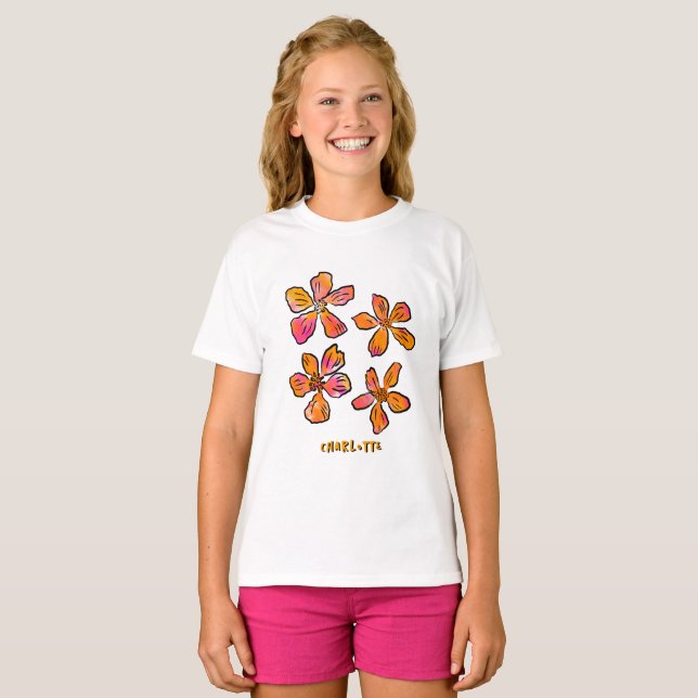 Personalized Pink Floral Pop Art  T Shirt (Hel framsida)