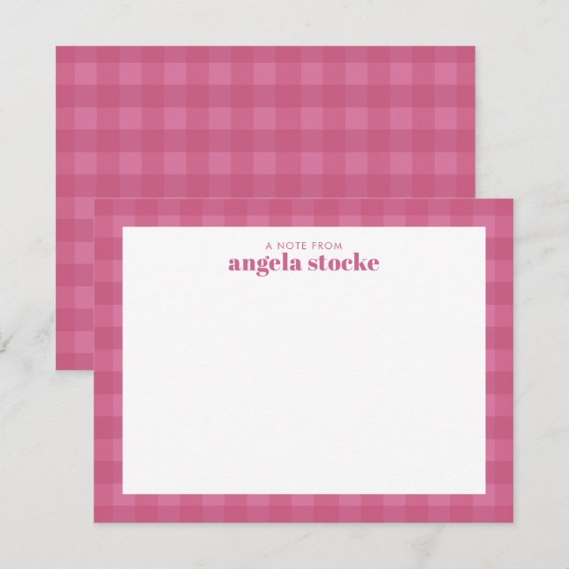 Personalized Pink Gingham Anteckningskort (Fram/baksida)