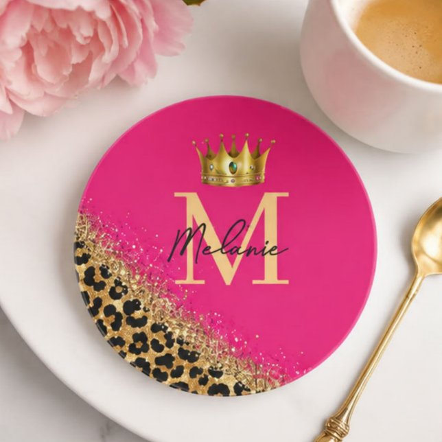Personalized Pink Leopard Gold Glitter Monogram  Underlägg (Skapare uppladdad)