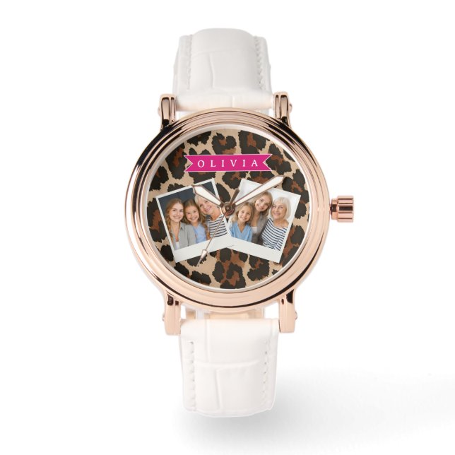 Personalized Pink Leopard Print Chic Animal Print Armbandsur (Framsida)