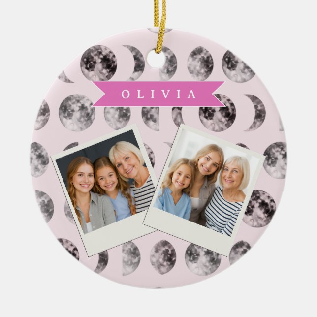 Personalized Pink Moon Phase Celestial Name Gift Julgransprydnad Keramik (Framsidan)