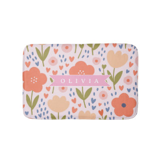 Personalized pink nordic cute folk floral pattern badrumsmatta