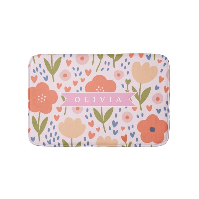 Personalized pink nordic cute folk floral pattern badrumsmatta (Framsidan)