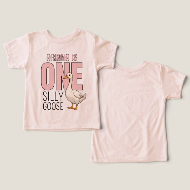 Personalized Pink One Silly Goose First Birthday T Shirt (Design fram och bak)