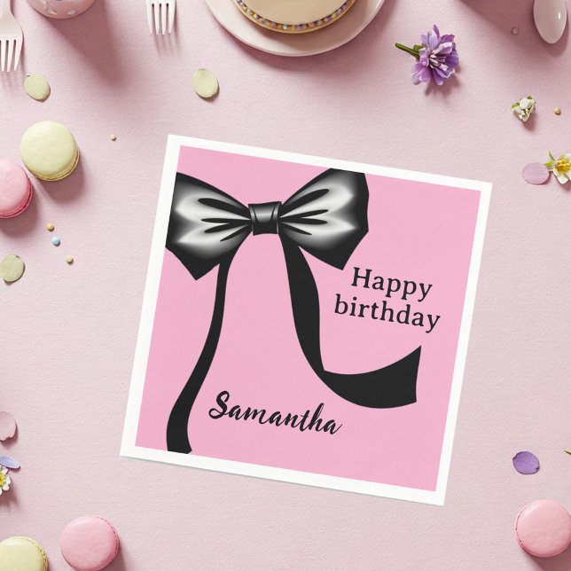 Personalized Pink Paper Napkins with Black Bow Pappersservett (Skapare uppladdad)