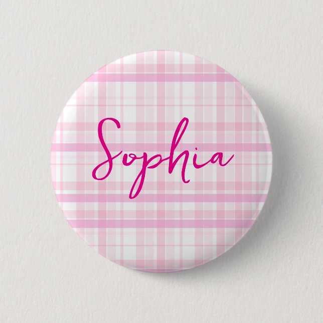 Personalized Pink Plaid button  with Name  Knapp (Framsida)