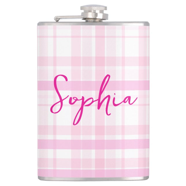 Personalized Pink Plaid Flask  with Name  Fickplunta (Framsidan)