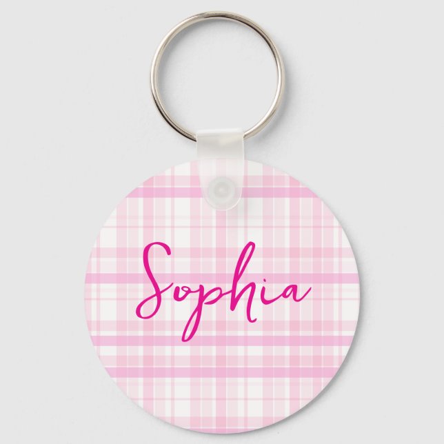 Personalized Pink Plaid keychain  with Name  Nyckelring (Framsida)