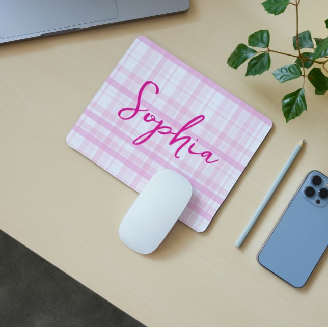 Personalized Pink Plaid Mouse Pad with Name  Musmatta (Skapare uppladdad)