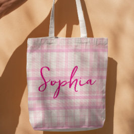 Personalized Pink Plaid Name Tote Bag Tygkasse