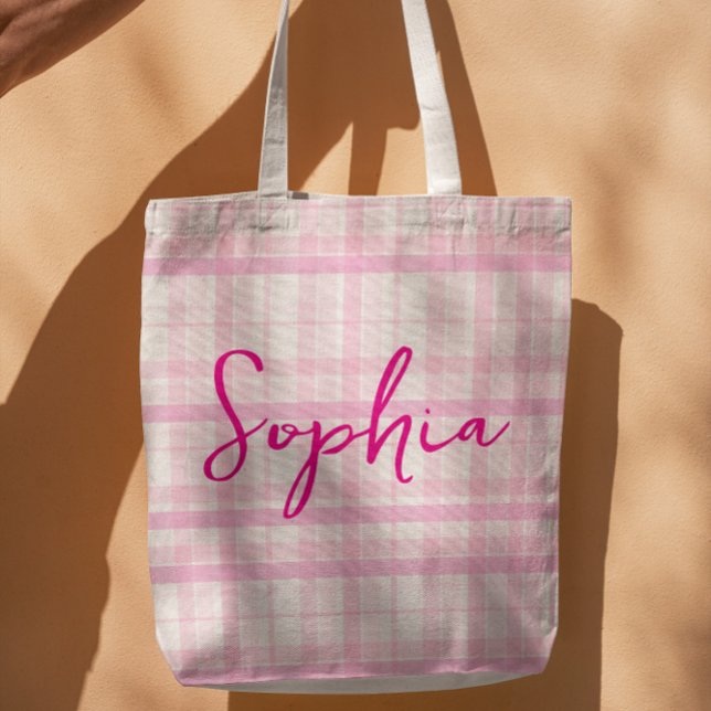 Personalized Pink Plaid Name Tote Bag Tygkasse (Skapare uppladdad)