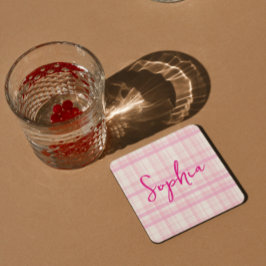 Personalized Pink Plaid Paper Coaster with Name  Underlägg Papper Kvadrat
