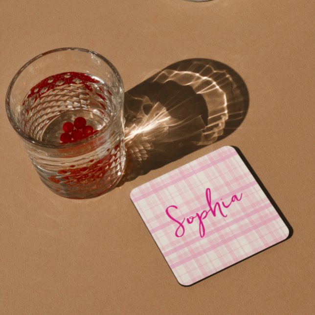 Personalized Pink Plaid Paper Coaster with Name  Underlägg Papper Kvadrat (Skapare uppladdad)