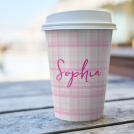 Personalized Pink Plaid Paper Cups with Name 