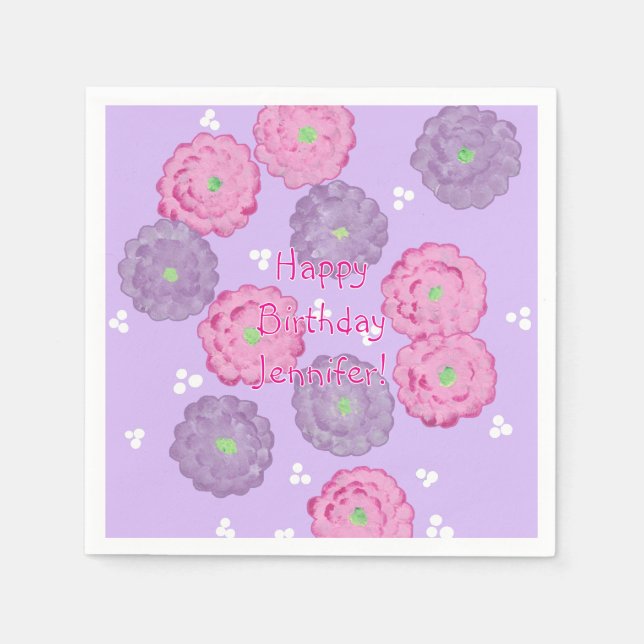 Personalized Pink Purple Floral Birthday Napkins Pappersservett (Framsidan)