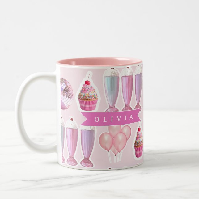 Personalized Pink Retro Milkshake Cute Coquette Två-Tonad Mugg (Vänster)