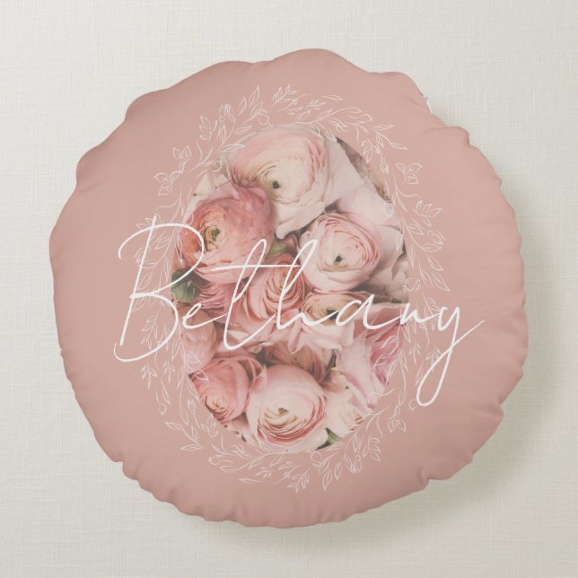 Personalized Pink Roses Romantic Elegant Vintage  Rund Kudde (Baksidan)