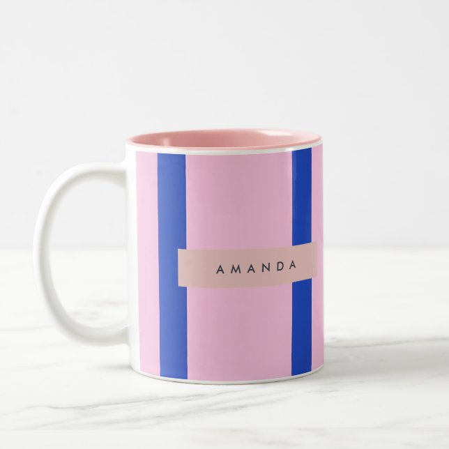 Personalized Pink & Royal Blue Stripe Design Två-Tonad Mugg (Vänster)
